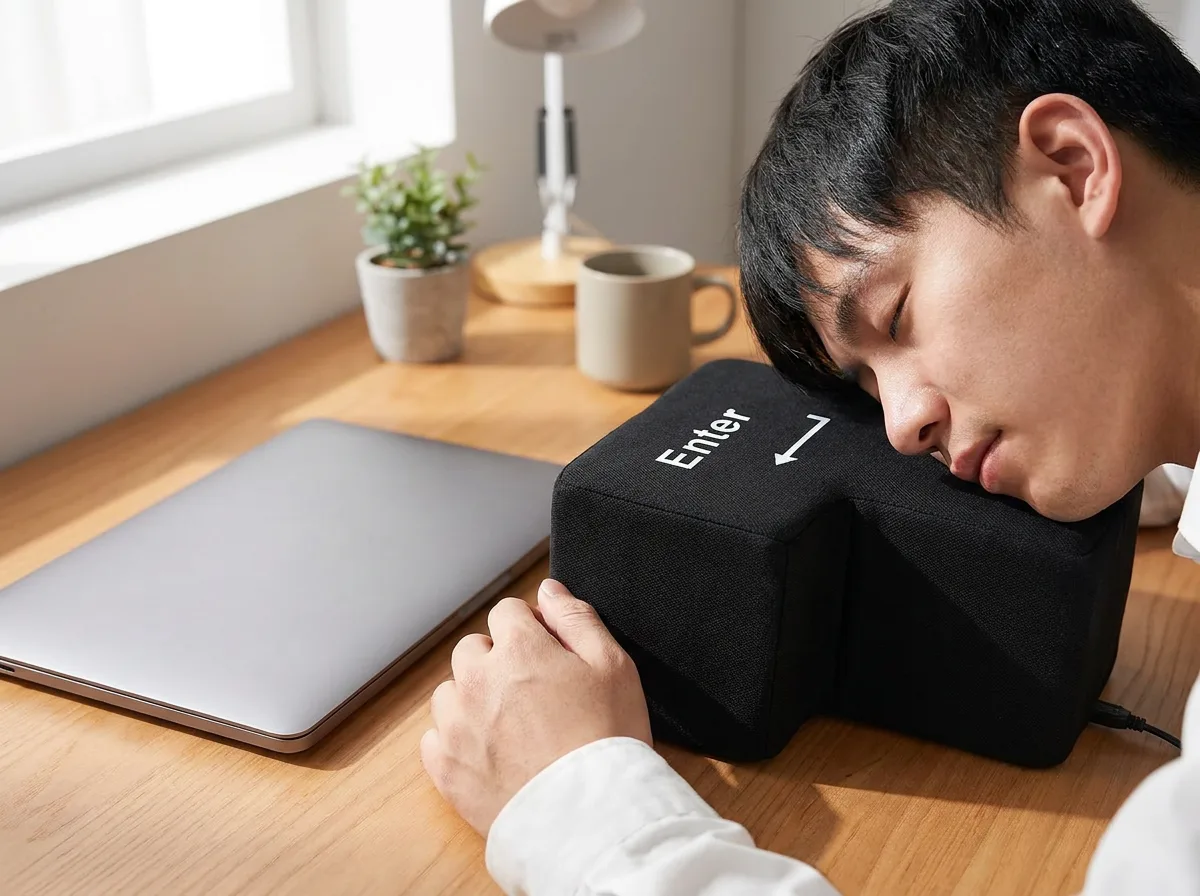 Head resting on the key, eyes closed